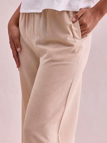 Go Colors Linen Lace Palazzo for Women | Relaxed Fit, Mid Rise, Pockets, Light Beige_8905344208865_Beige_XL 4