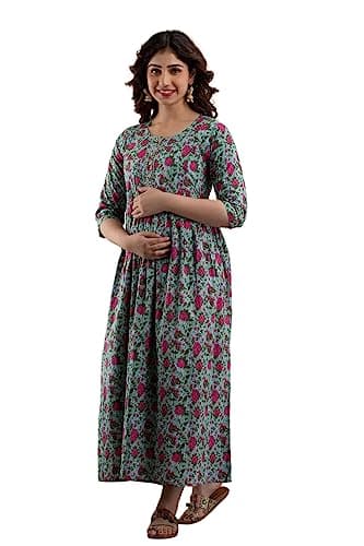 HRK VEMON Women's Pure Cotton Printed Maternity Gown Feeding Nighty A-line Feeding Dress Kurti Gown for Women Pack of 2 (XXX-Large, Multi-50) 4