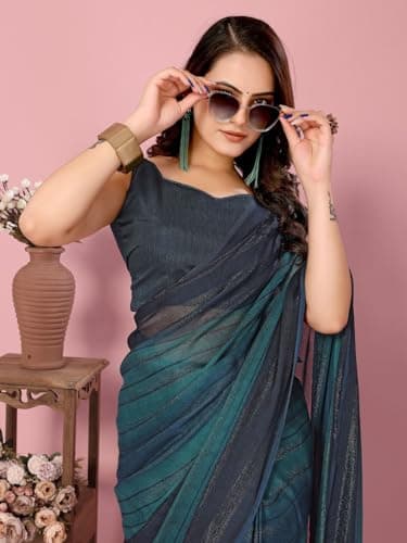 Kaugalian Store Women's Nylon Shimmer Ready to Wear Saree with Ruffled Border and Bangalori Satin Blouse | Rama Color | Nylon with Bangalori Satin Blouse | Ready to Wear Saree | Party and Festive Occa 2