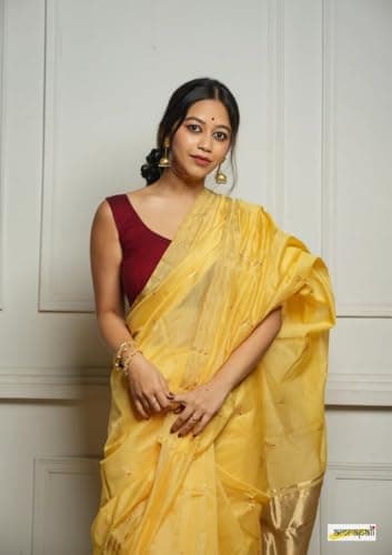 Flosive “Women's Pure Cotton Silk Saree with Golden Zari Border and Butti Work | Traditional Black Handloom Style Saree for Festive & Office Wear (YELLOW) 4