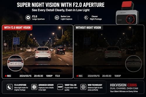 HIKVISION Dual Channel Dash Camera | 1080P Full HD | 3'' IPS Display | Night Vision F2.0 Aperture | G-Sensor | 128° Wide Angle | Mic & Speaker | Loop Recording |Built-in WiFi|Supports 256GB|C200S 4