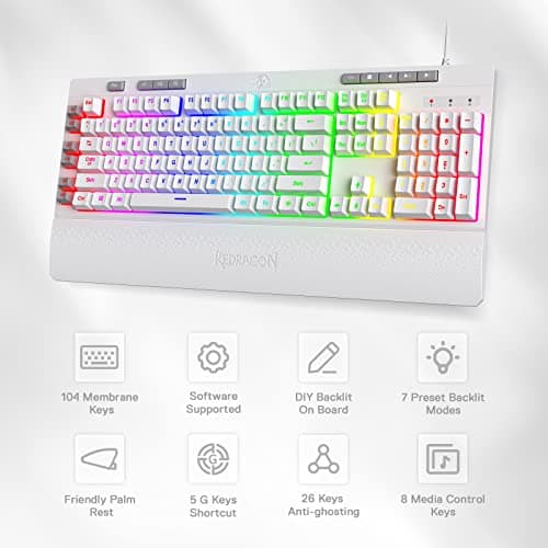 Redragon K512 Shiva RGB Backlit Membrane Gaming Keyboard with Multimedia Keys, Linear Mechanical-Feel Switch, 6 Extra On-Board Macro Keys, Dedicated Media Control, Detachable Wrist Rest, White 2