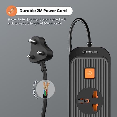 Portronics Power Plate 13 Multiplug Extension Board with 5 Power Sockets, 1500W, 2M Cord Length, Fire Proof Material, Short Circuit Protection(Black) 2