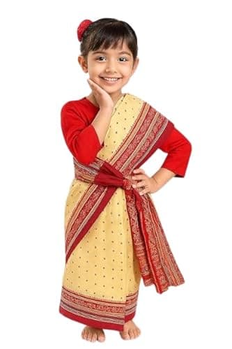 Baby & Sons Indian Ethnic Bihu Costume for Dance Event, Theme Plays, for Boys and Girls School Fancydress Pre Stitched Saree Ready to Wear For Girls (8-12 Years)