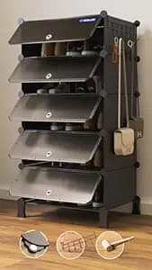 BOXJOY 5 Shelf Shoe Rack with 5 Doors, Magnets, 5 Hook Steel Holder & Wooden Hammer for Home Storage PP Plastic Organizer with Metal Door Frame to Cover Chappal Slipper Sandals Shoes Box Stand (Black)