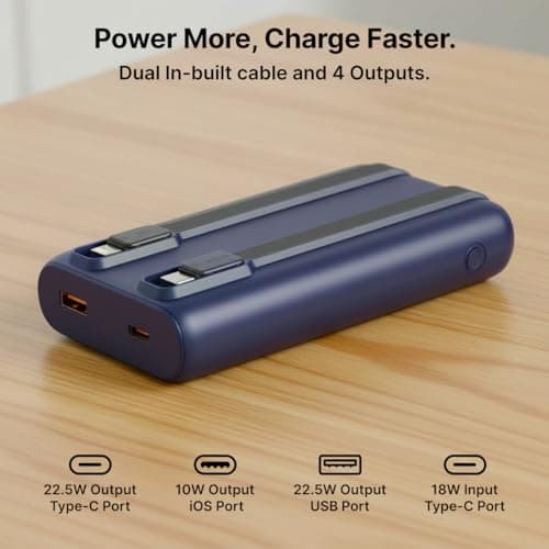 pTron 20000mAh Powerbank w/ 22.5W Fast Charging, USB & Type C Output, Built-in Cables, Compatible w/Power Delivery, Quick Charge for iPhone, Android Mobile & Tablets, Dynamo Storm (Indigo Blue) 5