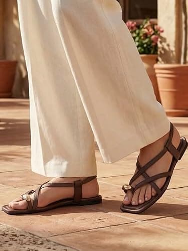 Indifeet Women Toe Ring Flat Sandals, Ankle Strap Slingbacks, Brown, UK 7 3