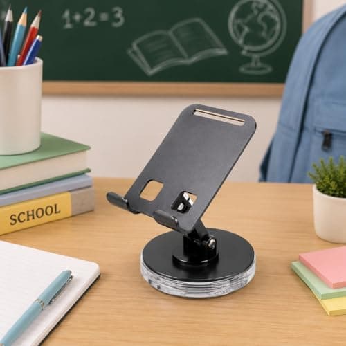 Universal Smartphone Desktop Phone Stand, 360 Degree Rotation, Adjustable and Foldable, Black, Freestanding Metal Mobile Holder 5