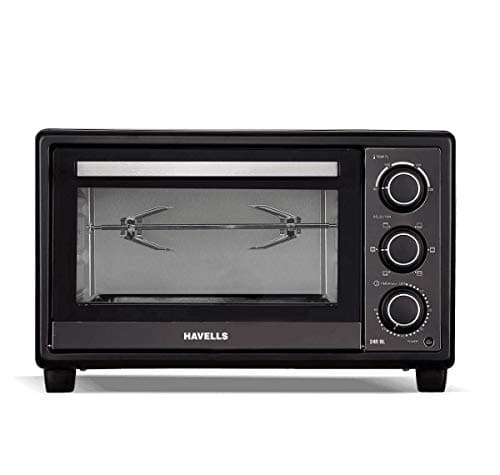 Havells OTG 24R BL - 24 liter Toughened Double Glass Door 60 min timer Rotisserie Inner Lamp 6 Heating Modes 4 Skewer rods Enamelled Coated Baking Tray 2-Yr Warranty 1380 Watt (Black)
