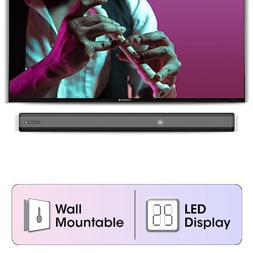 ZEBRONICS Juke BAR 7400 PRO 5.1 Channel soundbar with 6.5" subwoofer, 180W RMS, Dual Rear Satellites, HDMI (ARC), Optical in, AUX, BT v5.0, USB in, Remote Control,LED Display and Wall Mount(Black) 5