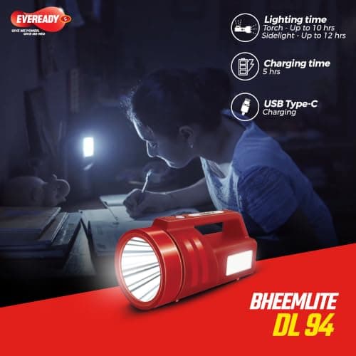 Eveready Bheemlite DL94, 4W Rechargeable LED Torch & 4W Sidelight, USB Type-C Fast Charging, 4 Light Modes, Overcharge & Deep Discharge Protection, Shoulder Strap Included, Powered by Li-ion Battery 4