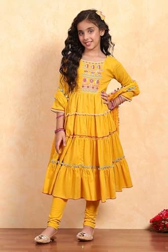 Biba Girl's Yellow Cotton Tiered Solid Suit Set 5