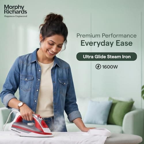 Morphy Richards Ultra Glide 1600W Steam Iron with Steam Burst, Vertical and Horizontal Ironing, Teflon Coated Soleplate, Red and White 2