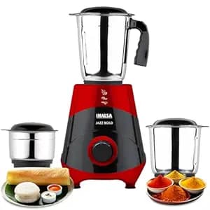INALSA Mixer Grinder|500W Powerful Motor|High RPM 21000 for Finer Grinding Result|3 Stainless Steel Jars (1.2 L,0.8 L,0.4 L)|Leak-Proof Lid|3 Speed Control & Pulse Function|2 Year Warranty|Jazz Bold