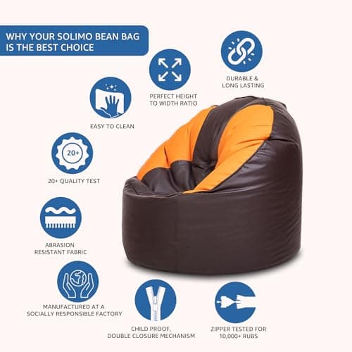 Amazon Brand - Solimo Premium Faux Leather Muddha Bean Bag Filled with Beans | High-Density Beans for Comfortable Seating | Capacity : Up to 6 Ft 3 In Height, 120 Kg, 4 XL | Brown & Orange 4