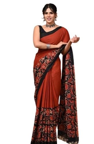 Rust Orange Saree with Black Floral Embroidered Border, Traditional Indian Ethnic Wear