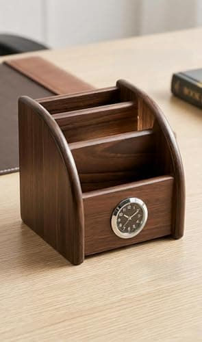PUSHCREST Wooden Desktop Organizer with Clock, Dark Brown 3-Tier Letter Holder, Mail Sorter for Office Documents, Built-in Analogue Clock, Desktop Mounting