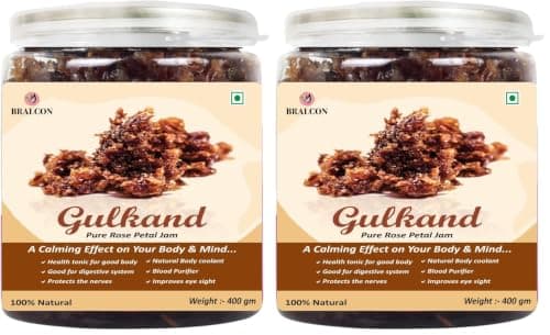 BRALCON Natural Gulkand Rose Petal Jam - 400g | Sun-Cooked Damask Rose Petals & Rock Sugar - Kesar Elaichi | Gulkand for Paan (Pack of 2)