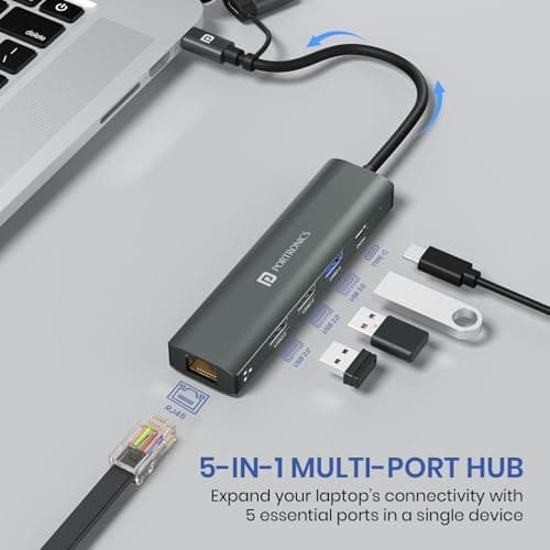 Portronics Mport Edge,5 Ports Dual USB Hub Dock, Superfast USB 3.0, High Speed 2.0, Type-C 5V2A Port, 100 Mbps RJ45 Ethernet, Versatile & High-Speed Connectivity Hub for Laptops & Desktops (Grey) 2