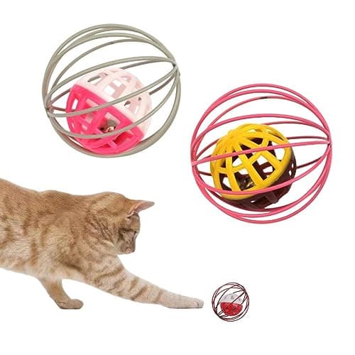 Fapiwen Cat Toys - 2pcs Interactive Cat Balls with Bell, Colorful Kitten Toys, Cute Caged Bell Rolling