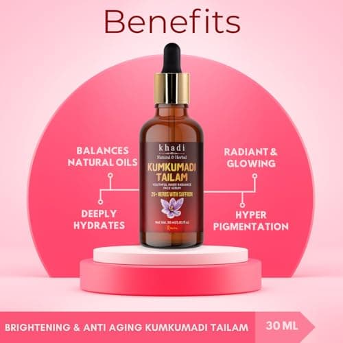 Khadi Natural Kumkumadi Tailam Face Serum | Ayurvedic Brightening & Anti Aging Facial Oil | With Saffron & 25+ Herbs | Reduces Dullness, Pigmentation & Uneven Tone | Dermatologically Tested | 30 ml (P 5