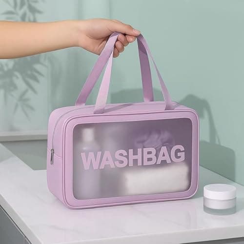 FLYNGO Clear Makeup Pouch Set, Cosmetic Organizer Bag for Women and Girls Travel Waterproof Toiletry Storage Kit (Set of 3 Purple) 4