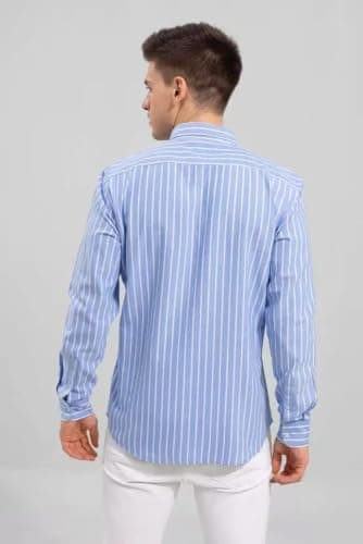 Zombom Men's Light Blue & White Vertical Striped Shirt for Men | Full Sleeve Slim Fit Cotton Blend Shirt | Stylish Formal 3