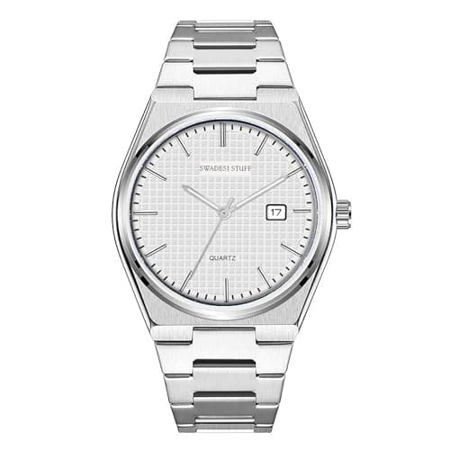 SWADESI STUFF Mens Silver Dial Stainless Steel Date Display Analogue Wrist Watch (White), Band Color-Silver