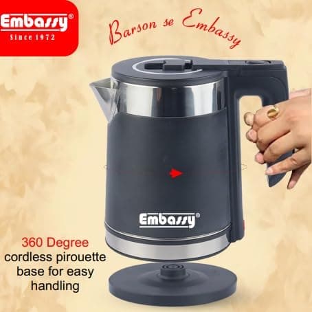 EMBASSY Electric Kettle Stainless Steel 1.8 L | 1000W | Superfast Boiling | Auto Shut-Off | Boil Dry Protection | 360° Rotating Base | 2 YEAR WARRANTY | Black 5