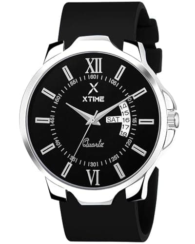 XTIME Analogue Day & Date Wrist Watch Round Black Dial & Black Softest Silicone Strap for Men's & Boys