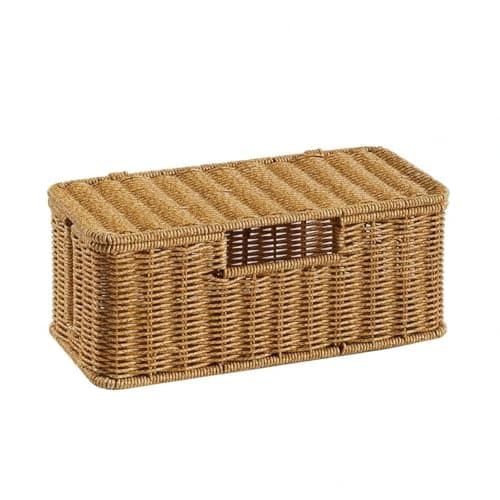 SNAPPSY Lidded Cable Management Box Natural Tan Rattan Cable Box Concealed Cords Woven Cord Organizer Ventilated, Three Openings