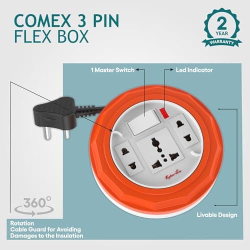 Fybros Comex 3 Pin Extension Cord, Extension Box, Power Strip with International Sockets Extension Board,6 AMP Output, 2 Year Warranty, 5 Meter Heavy Duty Cable, (Multicolor)- Made in India 4