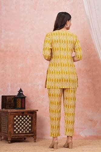 Alpha Women Printed Cotton Co Ord Set for Women Casual & Festive Indo-Western Outfit Kurta Pant Set XL Yellow 2
