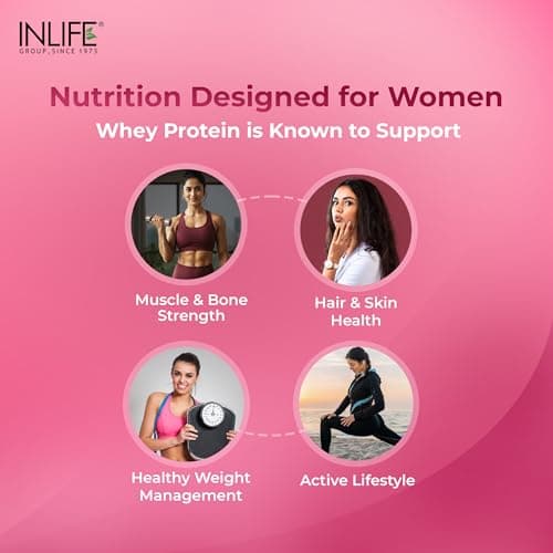 INLIFE Whey Protein for Women 23g, Shatavari Tulsi Flaxseed Omega 3 6, 21 Vitamins Minerals Digestive Enzymes, Muscle Energy & Immunity, Chocolate 500g 4