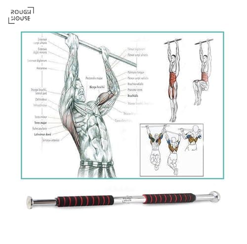 Roughhouse Pull Up Bar for Home Workout | No Screw Doorway Chin Up Bar | 100 KG Capacity | Adjustable 62–82 CM | Height Increase Bar for Men, Women & Kids | Anti-Skid Foam Grip 6