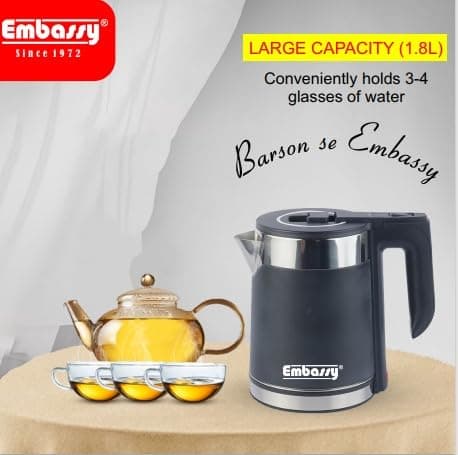 EMBASSY Electric Kettle Stainless Steel 1.8 L | 1000W | Superfast Boiling | Auto Shut-Off | Boil Dry Protection | 360° Rotating Base | 2 YEAR WARRANTY | Black 4