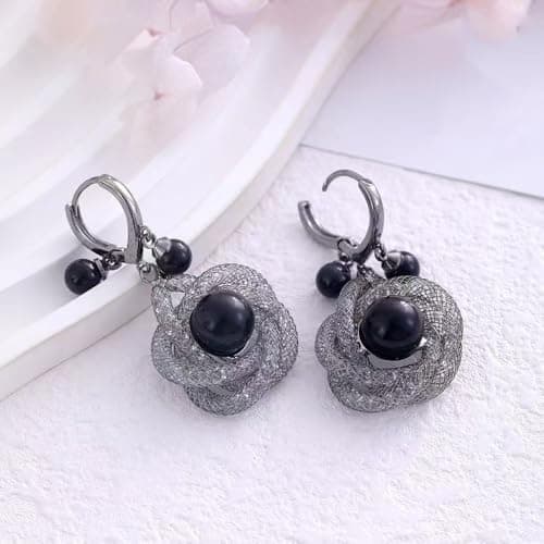 MIAMI Korean Style Black Bead Mesh Drop Earrings set for Women & Girls | Designer Statement hoops Bali | Stylish Ear Rings Jewellery for woman Accessory | Valentine Gift for Girlfriend couple -253 5