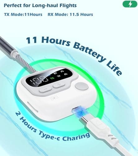 Tobo Bluetooth Transmitter Receiver, Airplane Bluetooth 5.4 Adapter Support Linking 2 Devices,Wireless Audio Adapter with Screen for in-Flight TV/PC/Car/Home Stereo/Speaker, Volume Control TD-1483WA 4