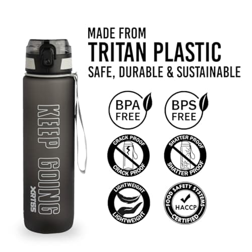 XRT65 1 Litre Gym Water Bottle with Sipper Lid | Leakproof Sports Bottle with Clear Litre Markings | Strong Lightweight Bottle for Fitness, Training, Hiking & Daily Use (Black) 3