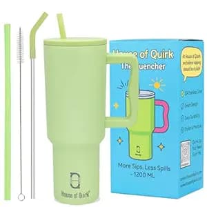 House of Quirk 1200ML Stainless Steel Tumbler with Handle & Lid, 2 Straws – Large Travel Mug Water Cup for Gym, Office & Outdoor Use (Green)
