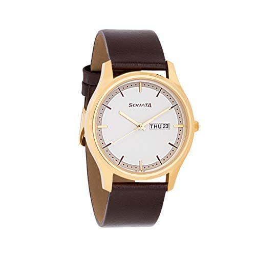 Sonata Quartz Analog with Day and Date White Dial Leather Strap Watch for Men-NS77082YL03W/NT77082YL03W 2