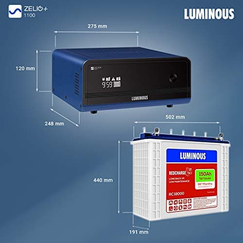 Luminous Inverter & Battery Combo for Home, Shop & Office – Zelio+ 1100 (900VA/12V) Pure Sine Wave Inverter + RC18000 150Ah Tall Tubular Battery | 36M Warranty on Inverter & Battery 3