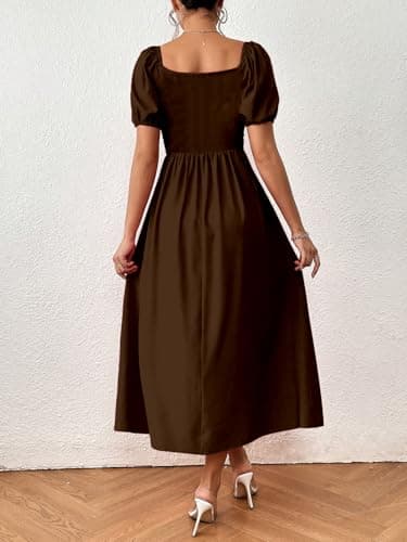 Aahwan Brown Raffinéa Puff Sleeve High Slit Maxi Outfit Dress for Women's & Girl's(301-Brown-M) 2