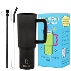 House of Quirk 1200ML Stainless Steel Tumbler with Handle & Lid, 2 Straws – Large Travel Mug Water Cup for Gym, Office & Outdoor Use (Mettalic Black)