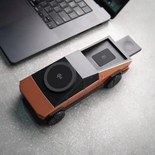 UPFATE Qi2 3-in-1 Wireless Charging Station | Fast Charger for Smartphone, Smartwatch & Earbuds | Cybertruck Inspired Futuristic Design with LED Indicator | Foldable Magnetic Charging Dock (Orange) 3