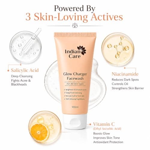 Indian care Glow Charger Facewash with Vitamin C & Niacinamide - Deep Pore Cleansing & Skin Brightening Formula - For All Skin Types - 100ml Pack of 1 2