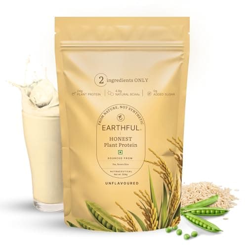 Earthful Honest Plant Protein | 24g Protein/Serving & 4.9g BCAAs | For Weight Management, Energy, Muscle Support & Recovery | Made with Pea & Brown Rice | Unflavoured - 504g