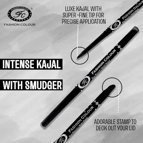 FASHION COLOUR Intense Black Kajal With Smudger | 12 Hr Long Stay | Waterproof & Smudgeproof | One Swipe Smooth Application | 3-In-1 Kajal+Eyeliner+Smokey Eyeshadow | Matte 2