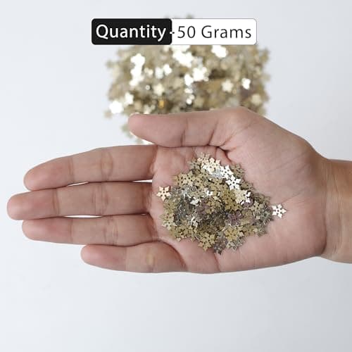 Embroiderymaterial Gold Flower Shape Sequins Sitara for Craft & Embroidery – 8MM Metallic Floral Sequins for Fabric, Jewellery & Decoration Making | 50 Grams 4