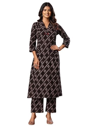 INDO ERA Women's Blue Pure Cotton Ethnic Motifs Embroidered Flared Fusion Kurta & Palazzo Set | Cord Set For Women Cotton |